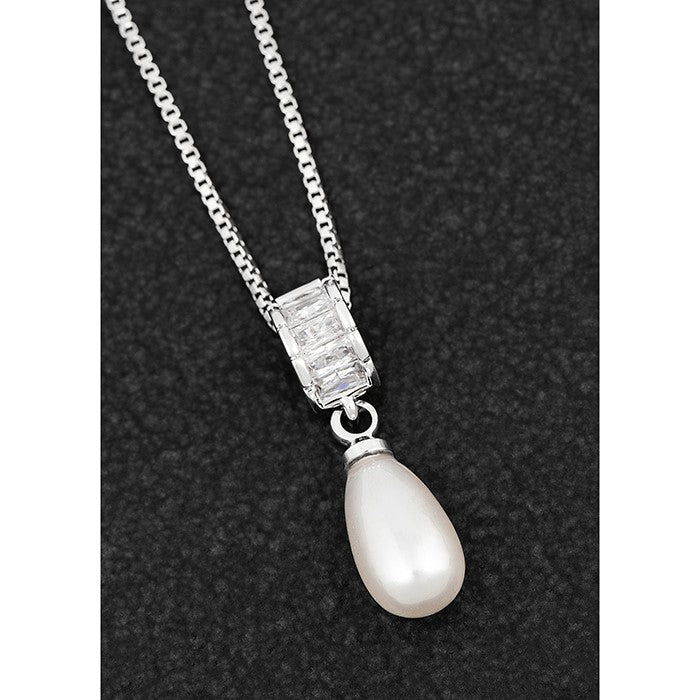 Teardrop Pearl Baguette Platinum Plated Necklace | Presentimes