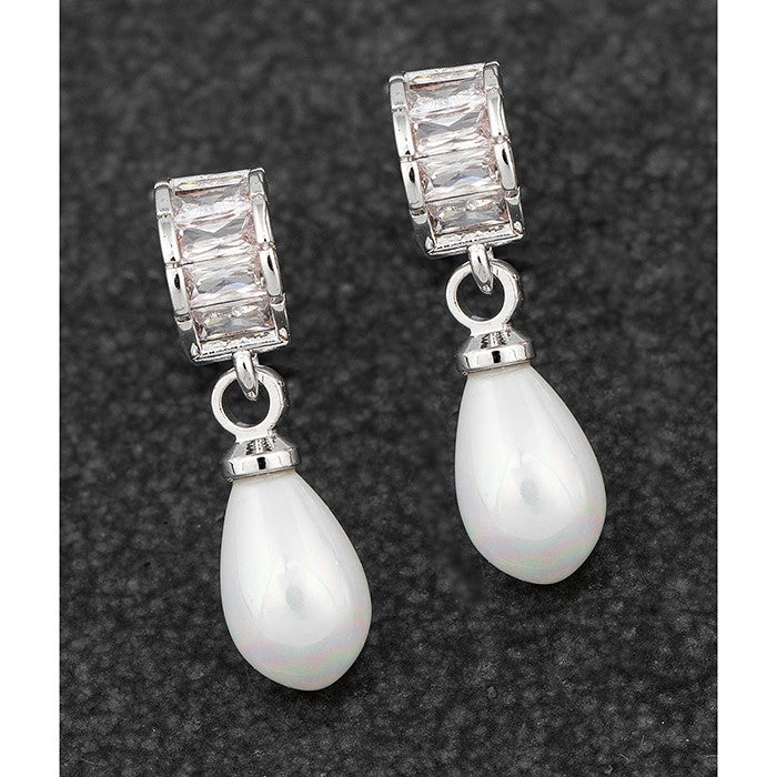 Teardrop Pearl Baguette Platinum Plated Earrings | Presentimes