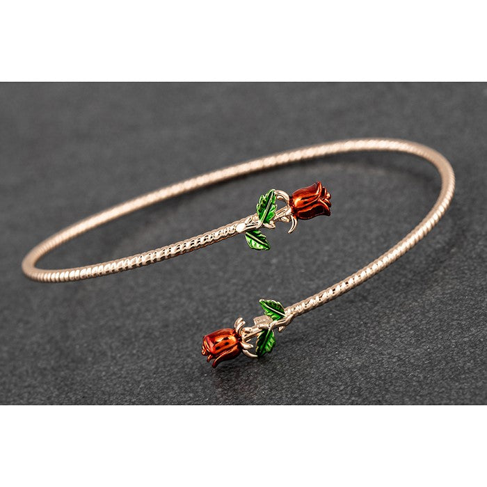 Red Roses Crossing Rose Gold Plated Bangle | Presentimes