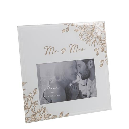 4" x 6" - Amore 'Mr & Mrs' Pale Grey Gold Floral Frame