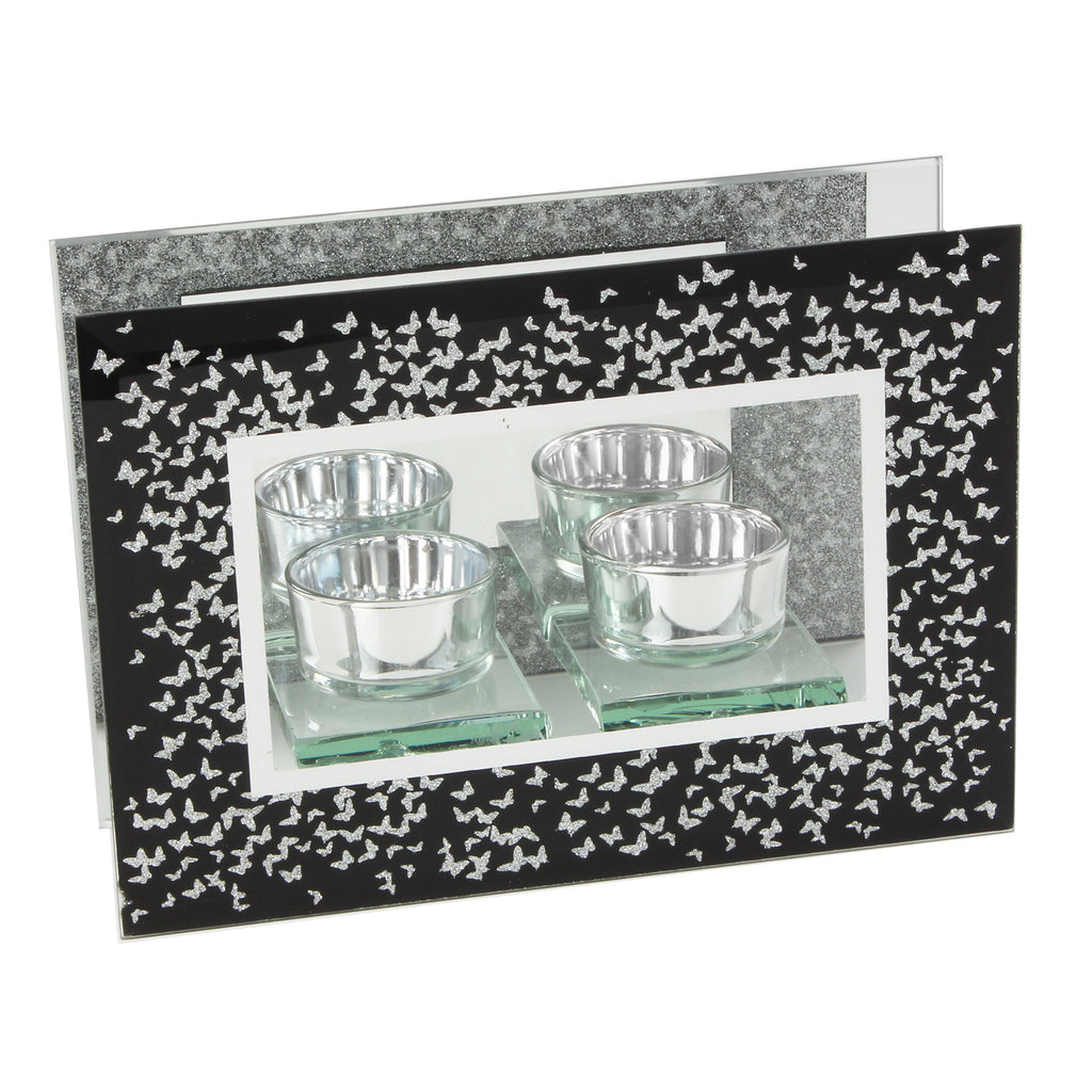 Hestia Glass Double T Lite Black with Silver Butterflies | Presentimes