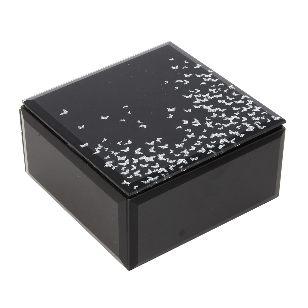 Hestia Glass Square Jewellery Box Black/Silver Butterflies | Presentimes