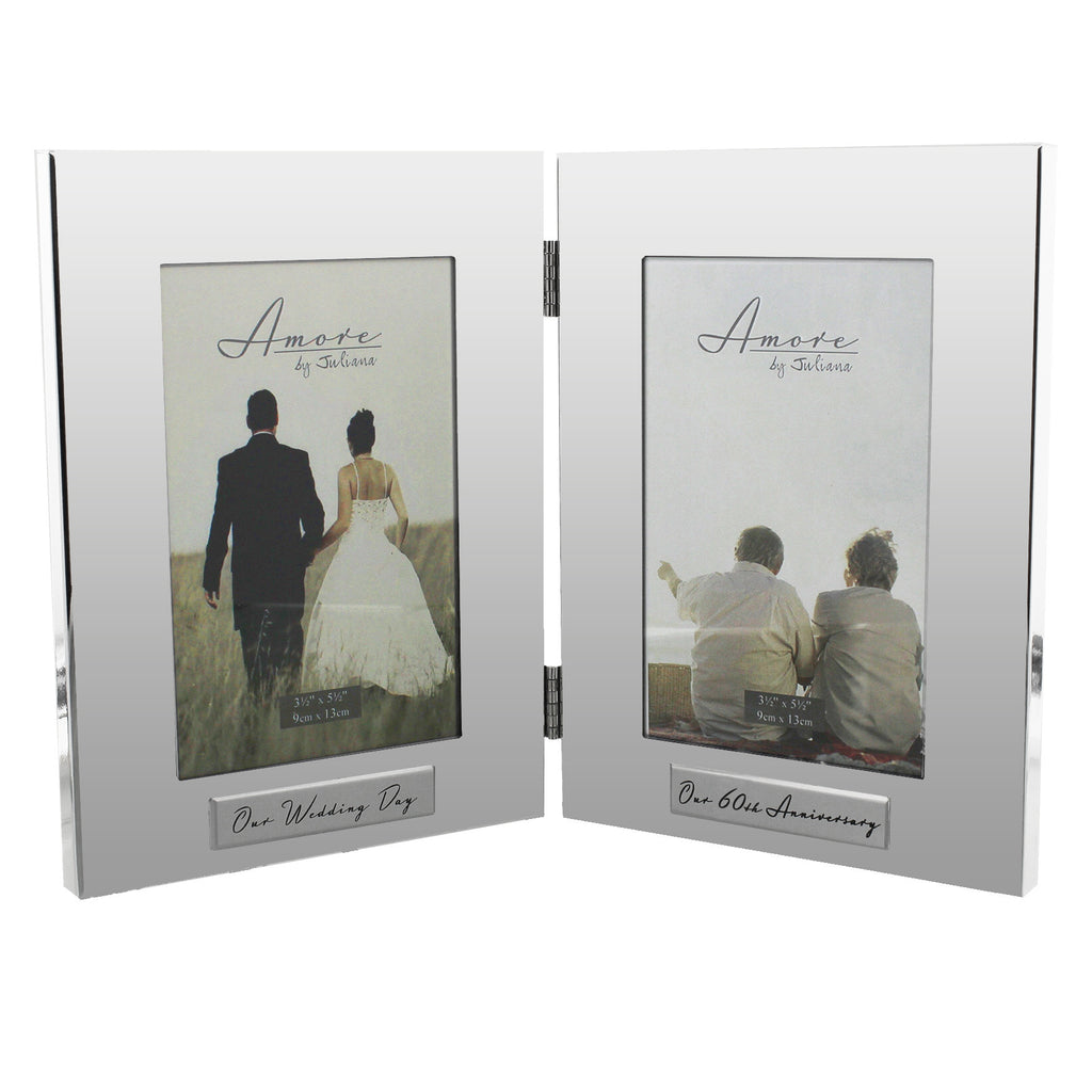 Amore Shiny Silverplated Double Frame 4"x6" 60th Anniversary | Presentimes
