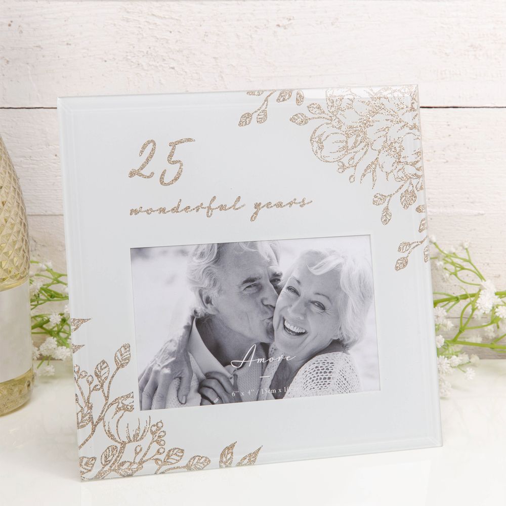 6" x 4" - '25 Wonderful Years' Grey Glass Gold Floral Frame | Presentimes